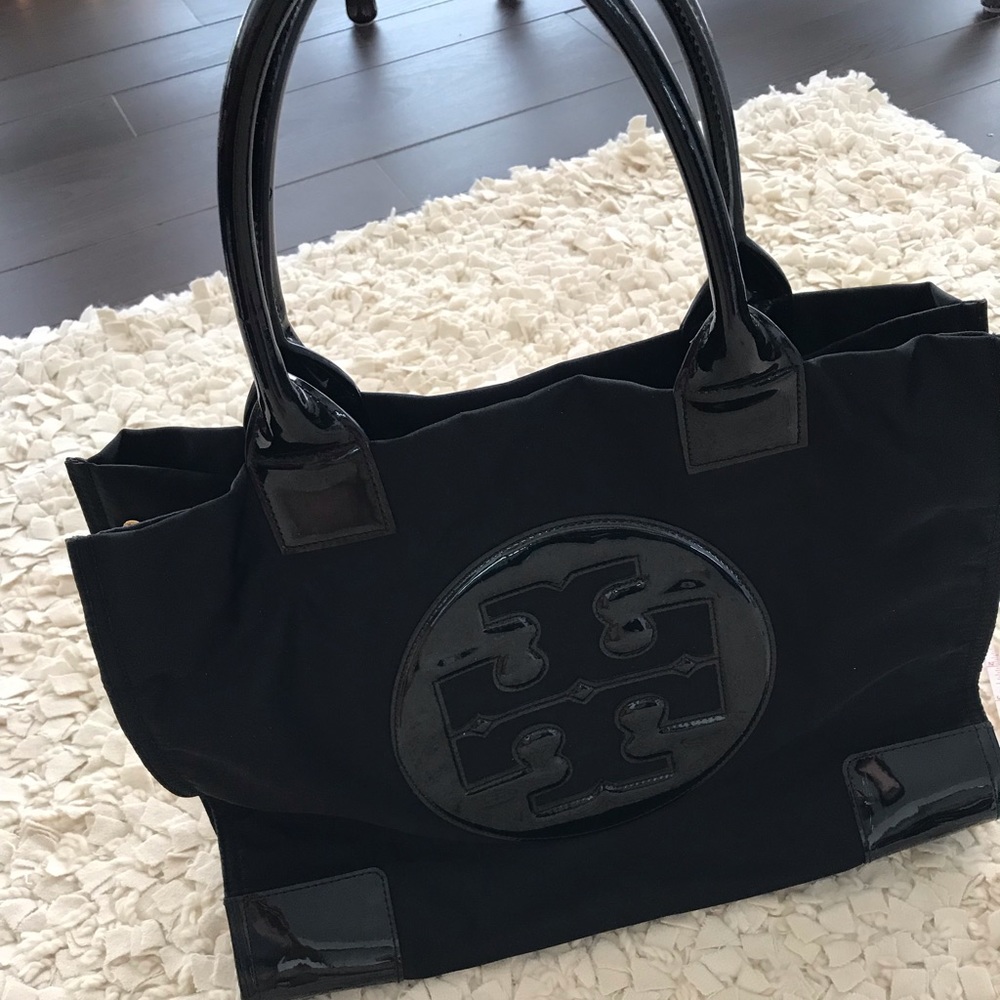 Tory Burch black patent nylon tote bag.